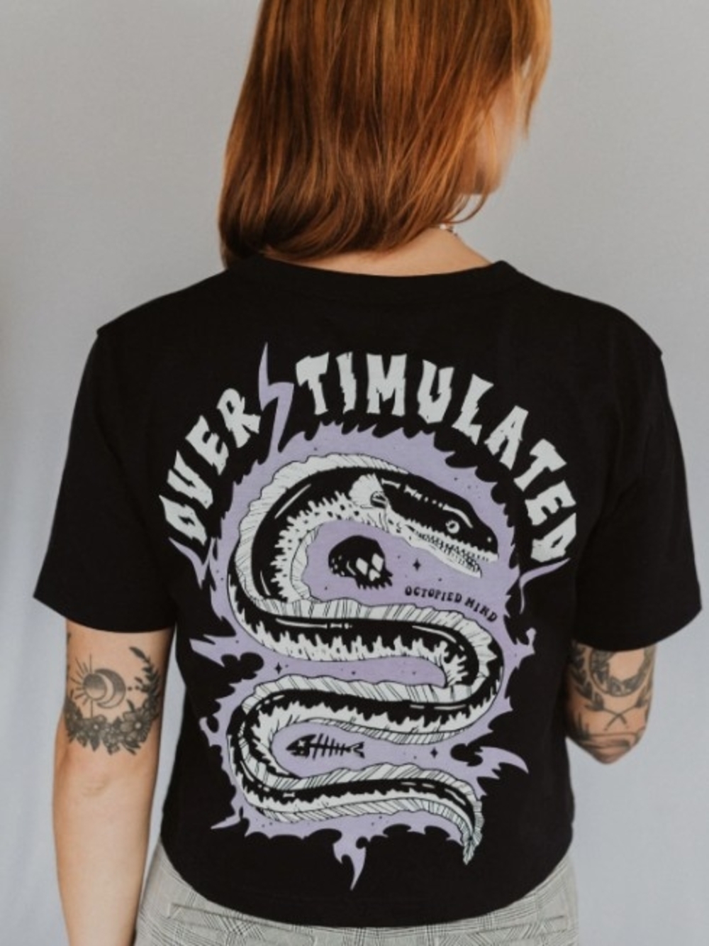 Overstimulated Octopied Mind Black Graphic Tee with Lavender Snake